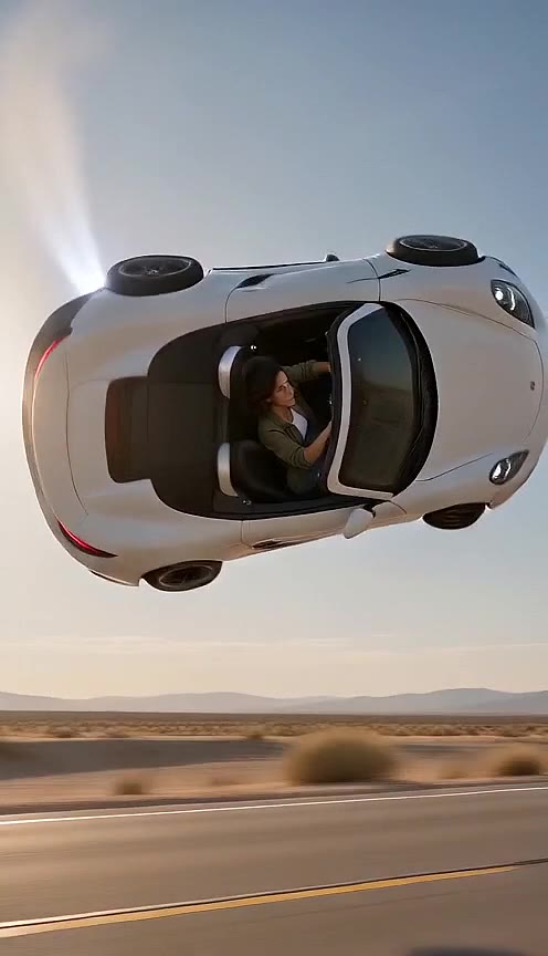 White open-top car rolled onto its side in mid-air above a desert road, with the driver visible in the cockpit