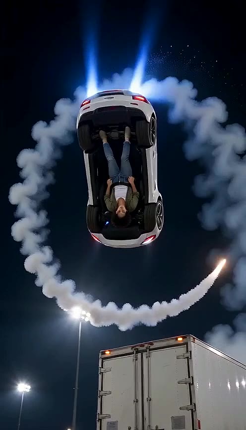 White open-top sports car with its driver visible, spinning inside a ring of white smoke above a parked truck at night