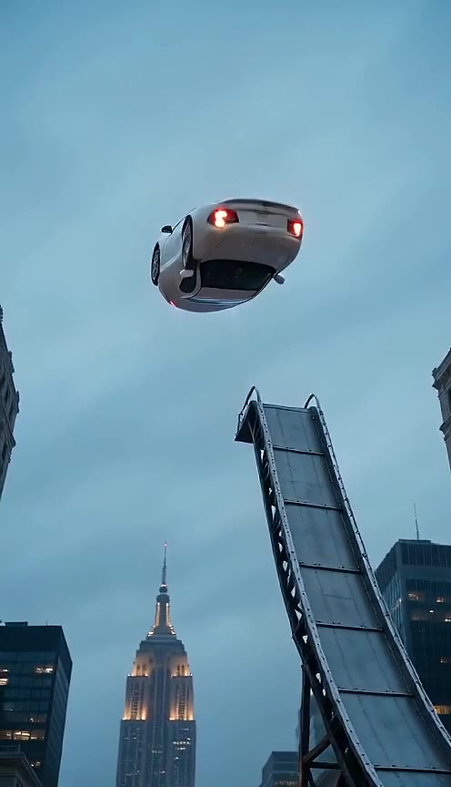 Rear and roof of a silver coupe tumbling high above the ramp against a grey evening sky
