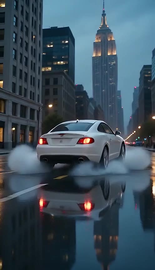 Silver coupe landing on a wet city street in a burst of white spray