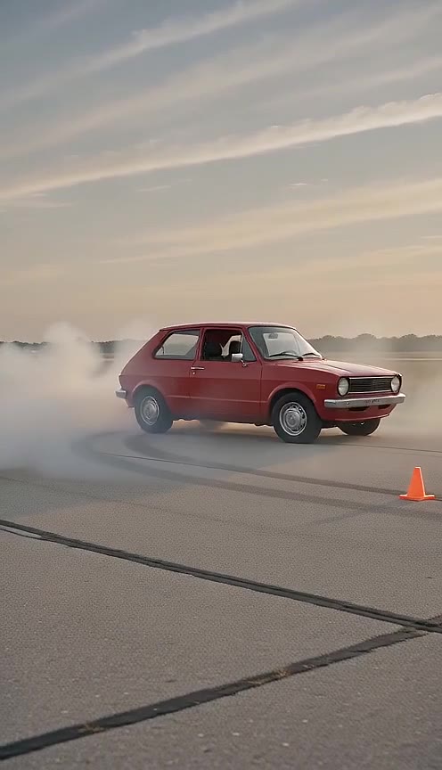 Red hatchback turning across the test strip beside an orange cone, trailing a cloud of tire smoke