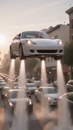 Front of a hovering white car above a lane of city traffic, with a driver visible behind the windshield