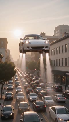 White car suspended over several rows of traffic between sunlit city buildings