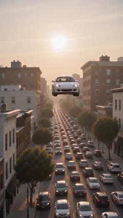 Distant white car floating above a long avenue of traffic stretching toward the setting sun