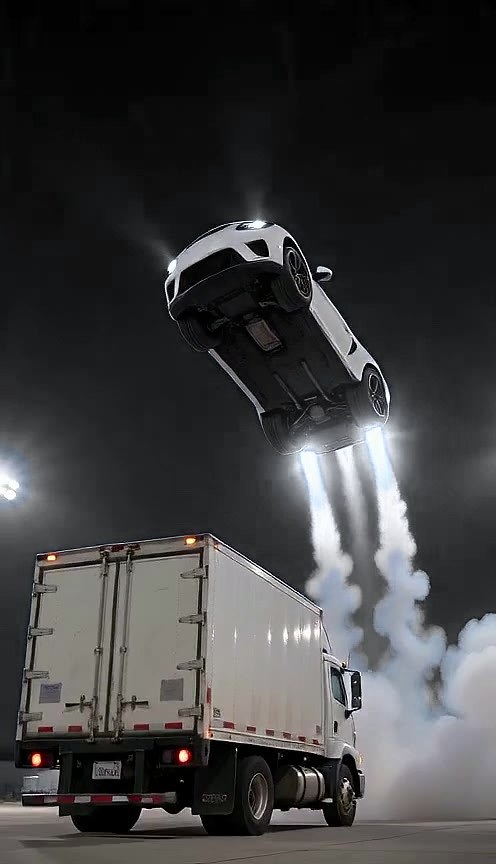 White sports car nose-up in the air above a parked box truck at night, with two blue exhaust jets below
